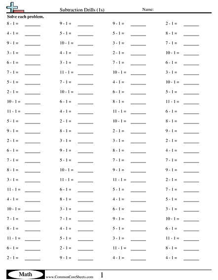 Subtraction Worksheets - Subtraction Drills (1s)  worksheet